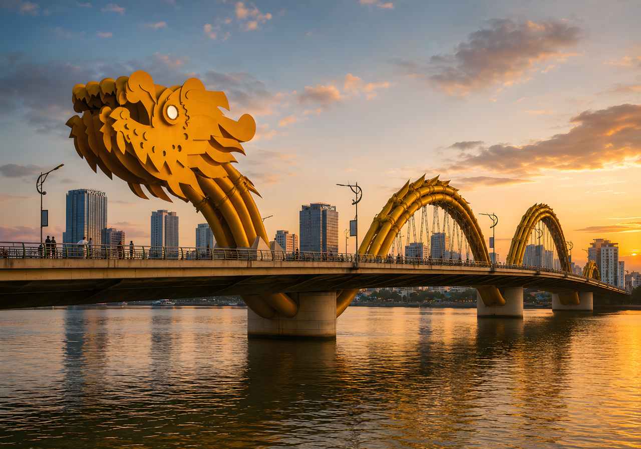 Dragon Bridge Da Nang sunset view over Han River city center with urban Vietnam landscape